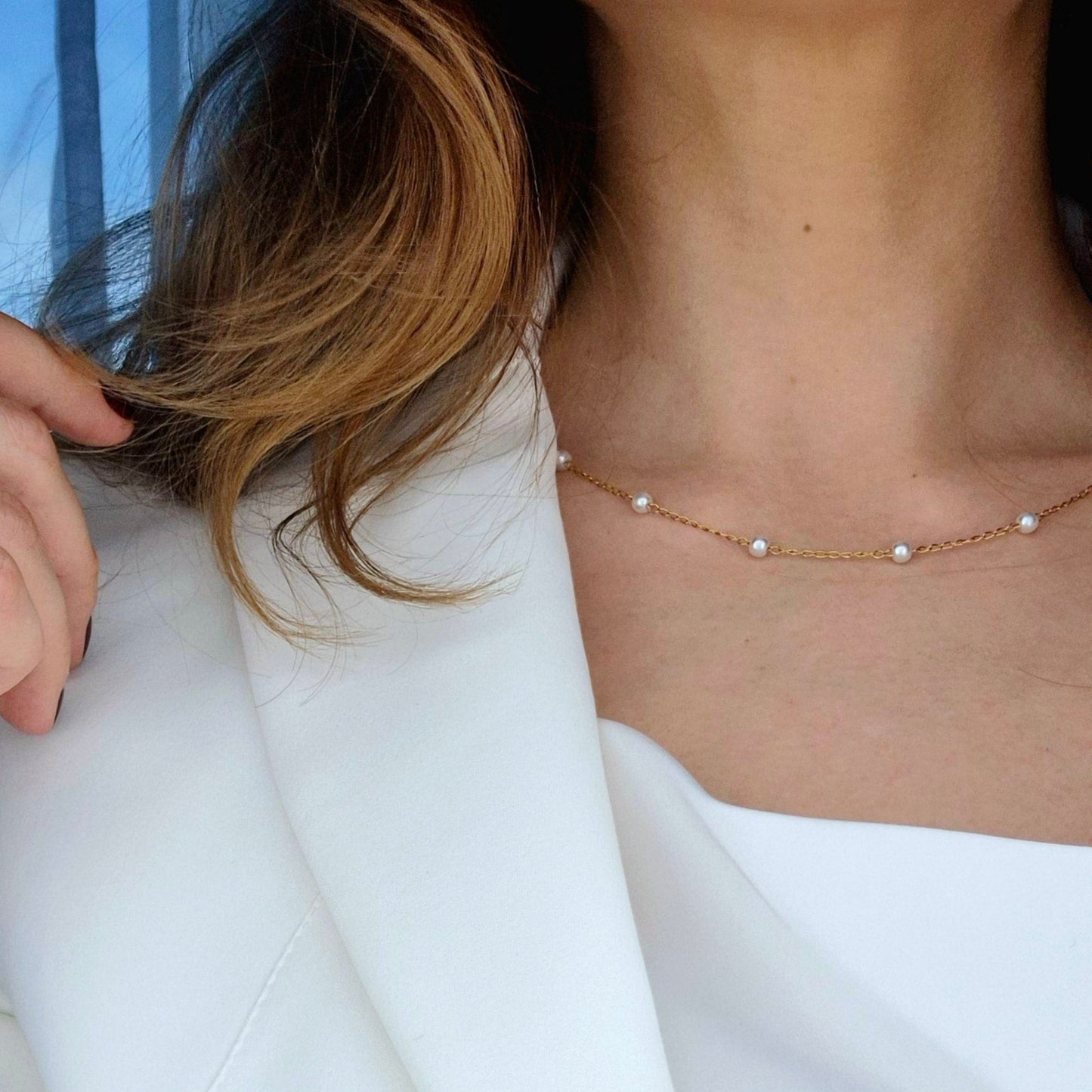 Goldene Halskette Perlen, gold pearl necklace, golden necklace pearls, collier dore perles, collana dorata perle, minimalistische Kette mit kleinen Perlen, minimalist necklace wit tiny pearls, Gold necklace pearls, Halskette, Perlen Halskette, Necklace, collier, collana