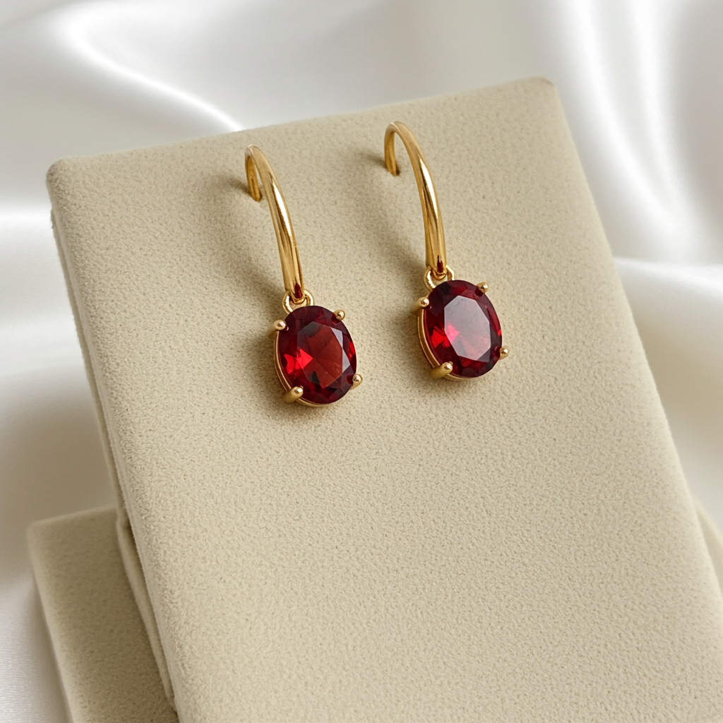 Granat Ohrringe, garnet earrings, Red Garnet Ohrringe Oval, goldene Ohrringe, Ohrringe, Granat Ohrringe, red garnet earrings, garnet earrings, earrings, Hängeohrringe mit rotem Granat Edelstein oval geschliffen in Krappenfassung vergoldet, dangle earrings, ohrhänger, Ohrringe, boucles, boucles doreilles, orecchini, jewelry, jewellery, schmuck, bijou, bijoux, gioielli, Damenohrringe, Silberschmuck