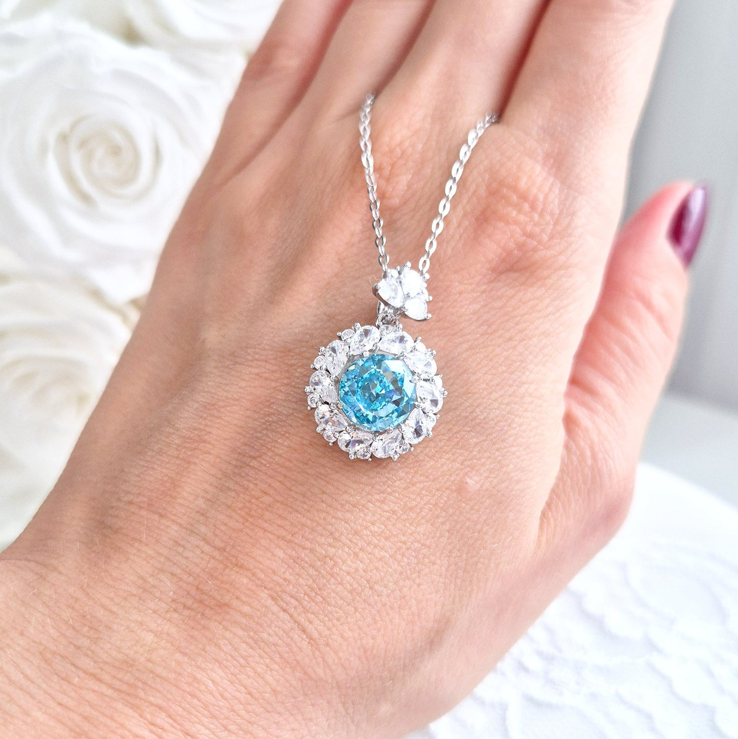 Halskette Zirkonia Eis Blau, ANhänger Kette, Damenhalskette, Halskette silber, necklace cz blue, zirconia necklace, collier, blue necklace, blue zirconia, collana