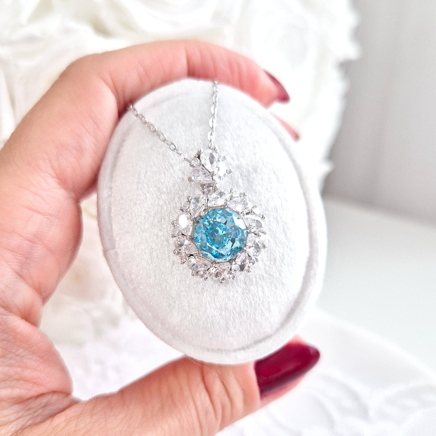 Halskette Zirkonia Eis Blau, ANhänger Kette, Damenhalskette, Halskette silber, necklace cz blue, zirconia necklace, collier, blue necklace, blue zirconia, collana