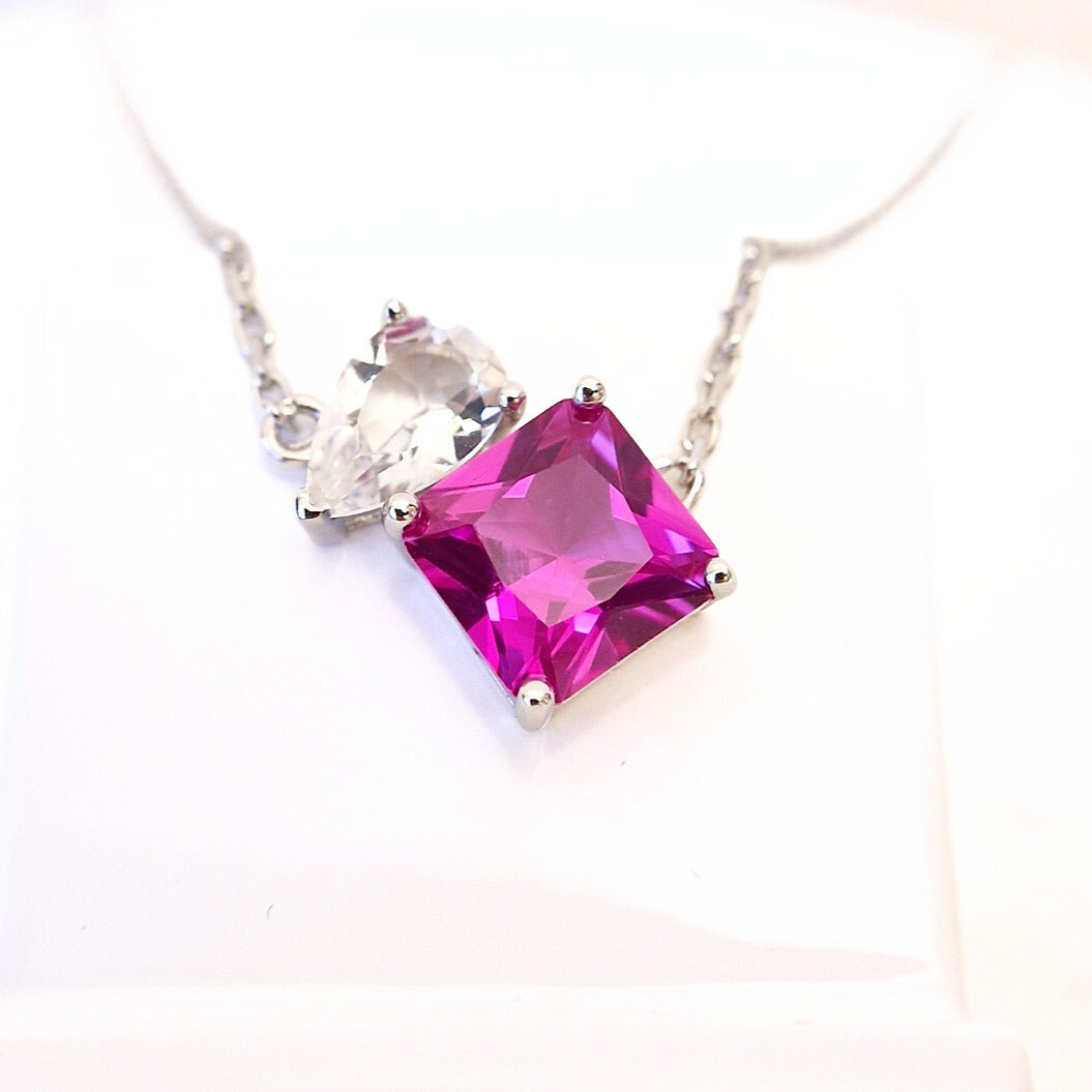 Edelstein Halskette, gemstone necklace, toi et moi necklace, toi et moi, Rosa Saphir Halskette, Silberkette, Silber Halskette, Damen Halskette, hot pink sapphire necklace, pink sapphire neckalce, sapphire necklace, Saphir Kette, Anhänderkette, pendant necklace, Rosegold Kette, rose-gold necklace, topas Halskette, topaz necklace, Silber Halskette mit Saphir Ahänger
