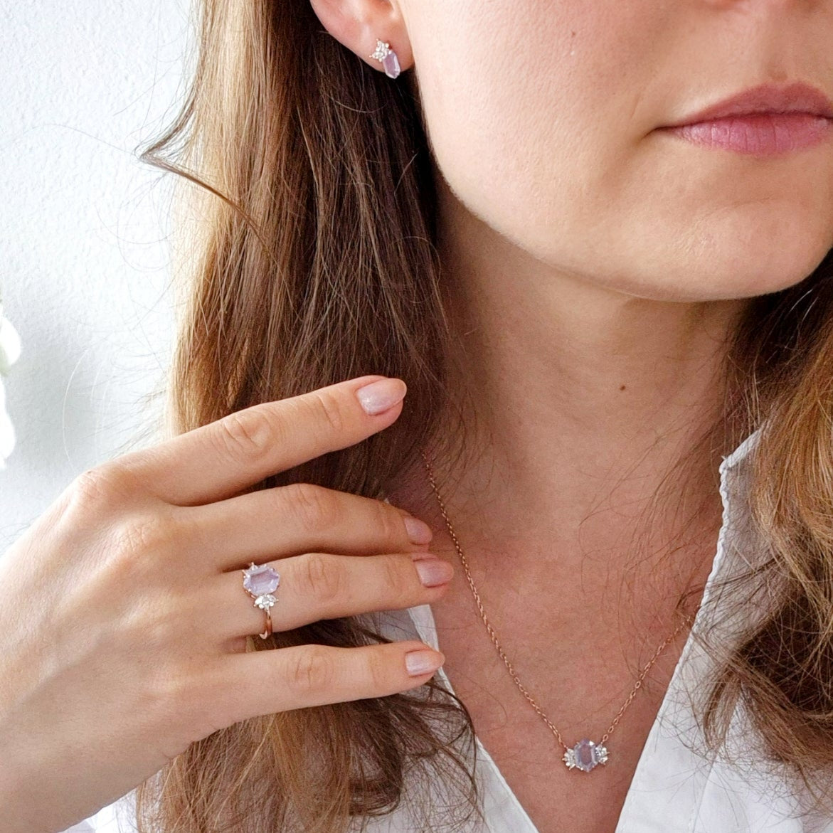 Lavendelquarz Schmuckset, Schmuckset Lavendelquarz, Lavender quartz jewelry set, Parure de bijoux en quartz lavande, Set di gioielli in quarzo lavanda, Schmuckset, jewellery set, Rosegold Schmuck, Silber Schmuck Set, Rose Gold Schmuckset, rose gold jewelry set, Rose gold jewelry, Lavendelquarz Ohrringe, Lavendelquarz Halskette, Lavendelquarz Ring, Schmuck, Ring, Ohrringe, Ohrstecker, Ring
