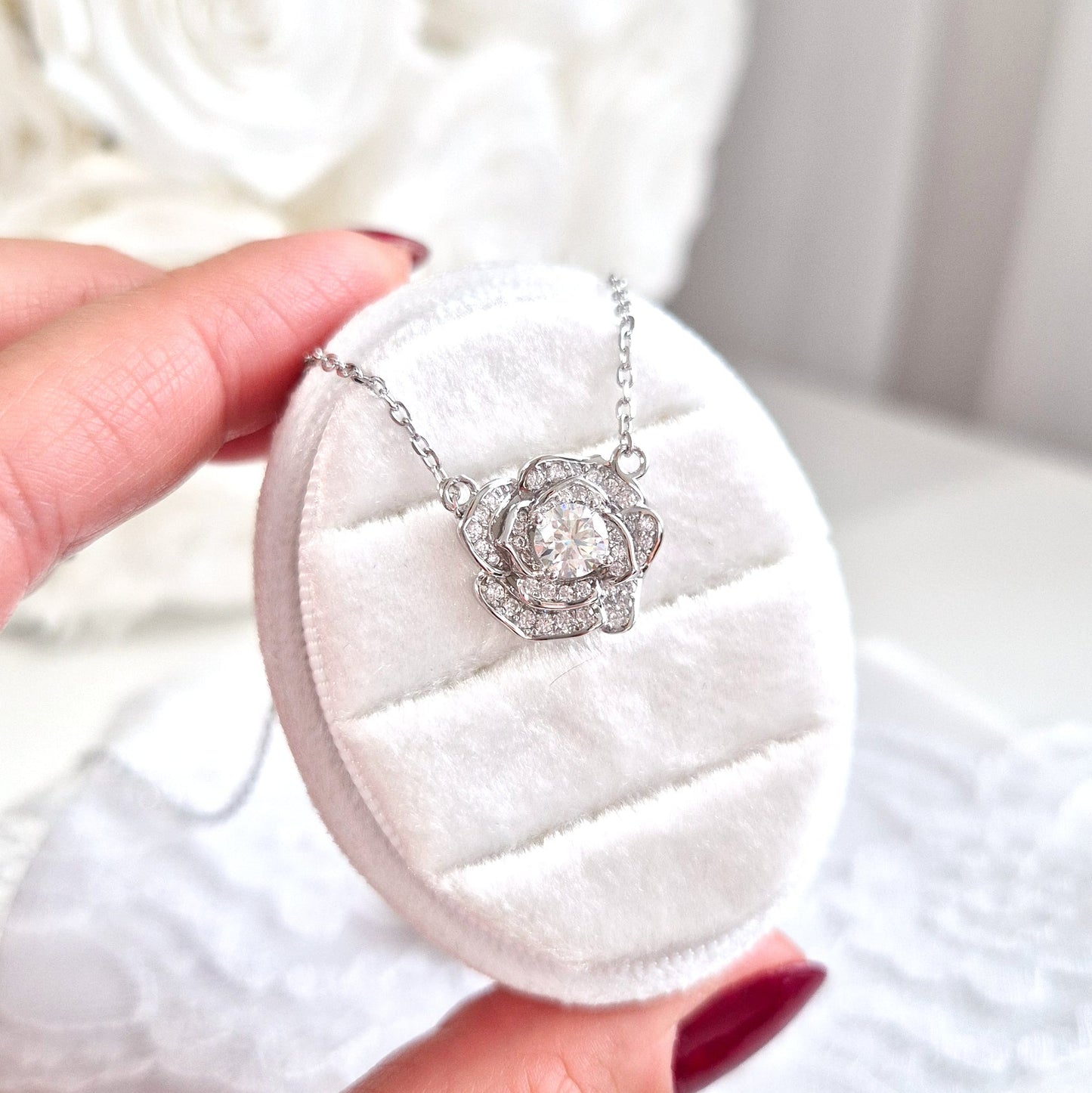 Moissanite pendant necklace rose flower, Moissanit Kette, Halskette, Collier moissanite