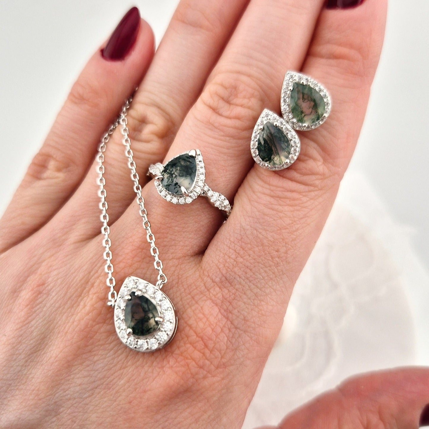 Moosachat Schmuckset, Moss Agate Jewelry Set, Silber Schmuckset, silver jewelry set, Moosachat Ring, Moosachat Halskette, Moosachat Kette, Moosachat Ohrringe, Moosachat Ohrstecker, moss agate ring, moss agate necklace, moss agate pendant necklace, moss agate earrings, moss agate studs, halo jewelry, halo ring, alo earrings, halo penadant, Silber Ohrringe, Silber Ohrstecker, Silber Ring, Silber Halskette, silver ring, silver earrings, silver necklace