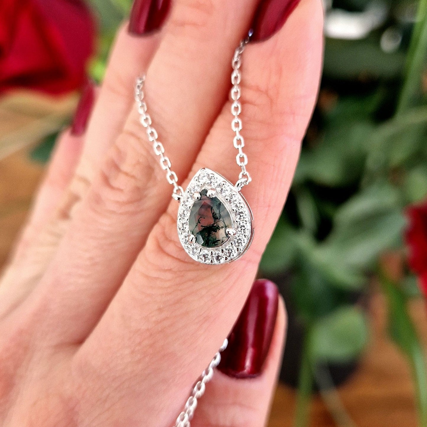 Moosachat Kette, Moosachat Halskette, Moss agate necklace, Silber Kette mit grünem Achat Anhänger, Achat pendant, green pendant necklace, green necklace, silver necklace, Silber Kette mit grünem Anhänger