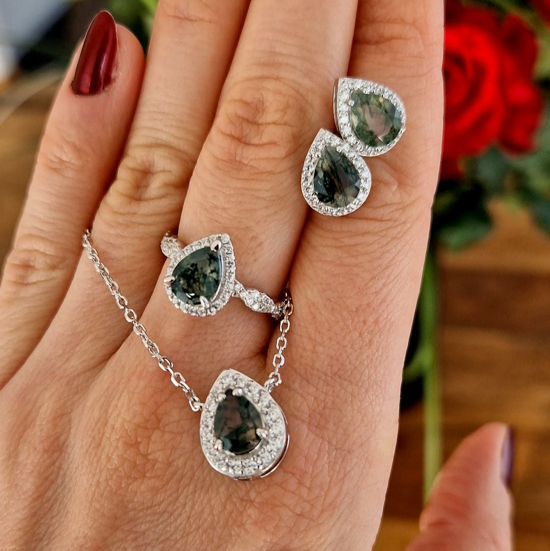 Moosachat Schmuckset, Moss Agate Jewelry Set, Silber Schmuckset, silver jewelry set, Moosachat Ring, Moosachat Halskette, Moosachat Kette, Moosachat Ohrringe, Moosachat Ohrstecker, moss agate ring, moss agate necklace, moss agate pendant necklace, moss agate earrings, moss agate studs, halo jewelry, halo ring, alo earrings, halo penadant, Silber Ohrringe, Silber Ohrstecker, Silber Ring, Silber Halskette, silver ring, silver earrings, silver necklace