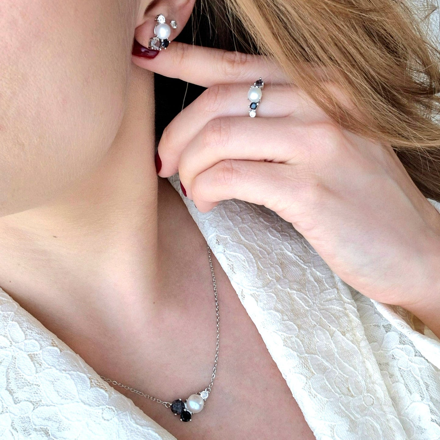Perlen Schmuck Set, Pearl jewelry set, Perlen Schmuckset, Silber Schmuckset, Pearl Jewelry set, Perlen Ohrringe, Perlen Halskette, Perlen Ring, Perlenring, Pearl Ring, SIlber RIng, Silberring, Damenring, Pearl Ring - Perlen Ring mit schwarzem Spinell und grauem Nano Stein, Silber Ring Süsswasser Perlen Ring, fresh water pearl, Pearl necklace, Pearl Ping, Pearl earrings