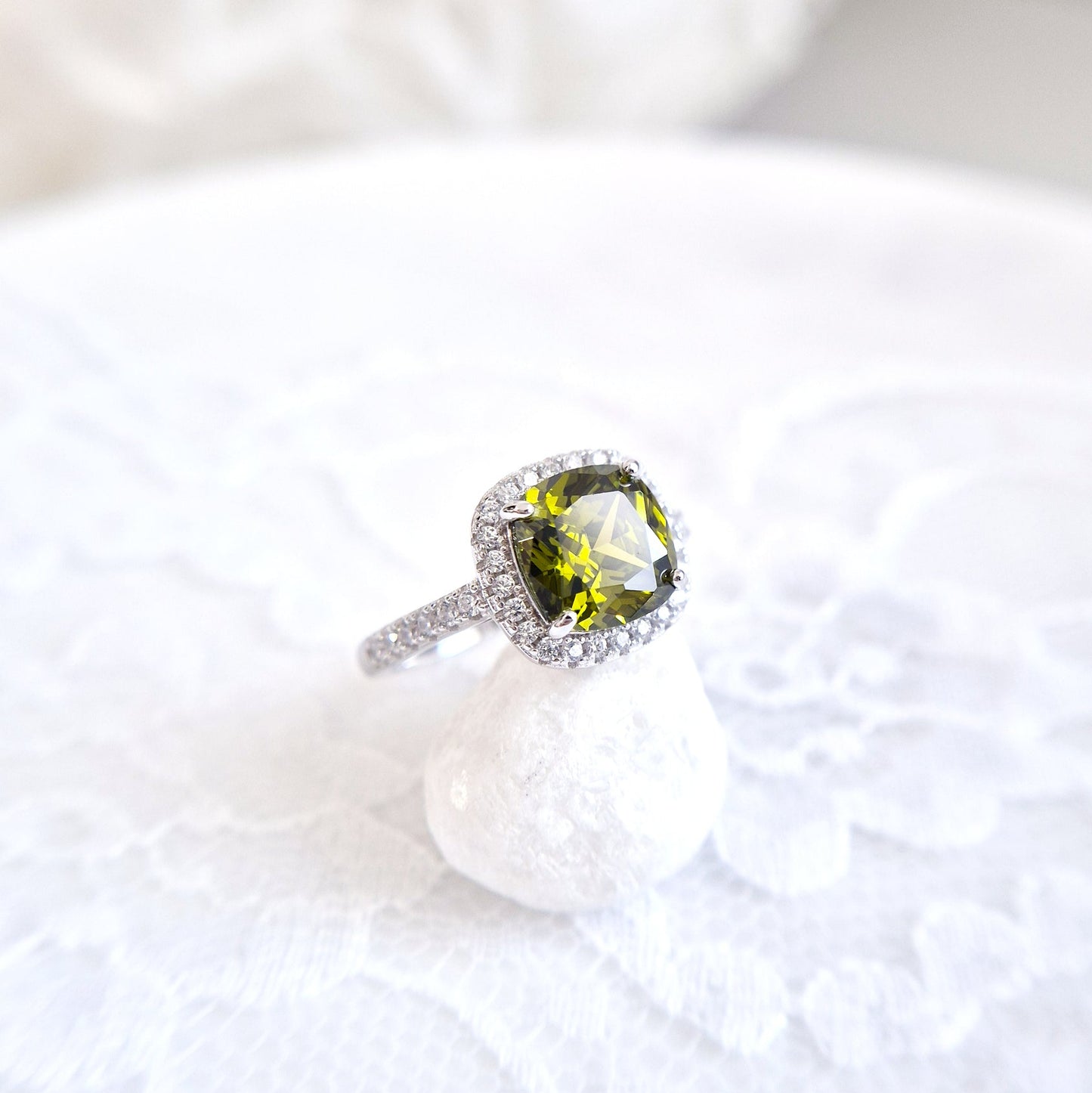 Peridot Ring, Silver Ring with green Gemstone and CZ halo