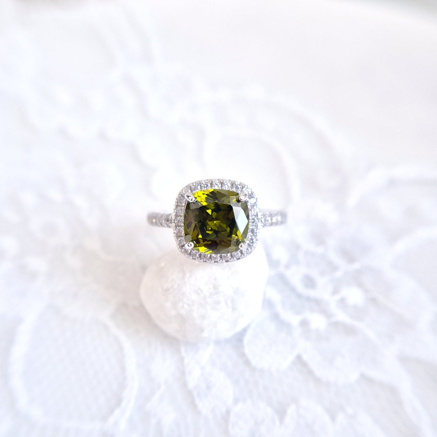 Peridot Ring, Silver Ring with green Gemstone and CZ halo