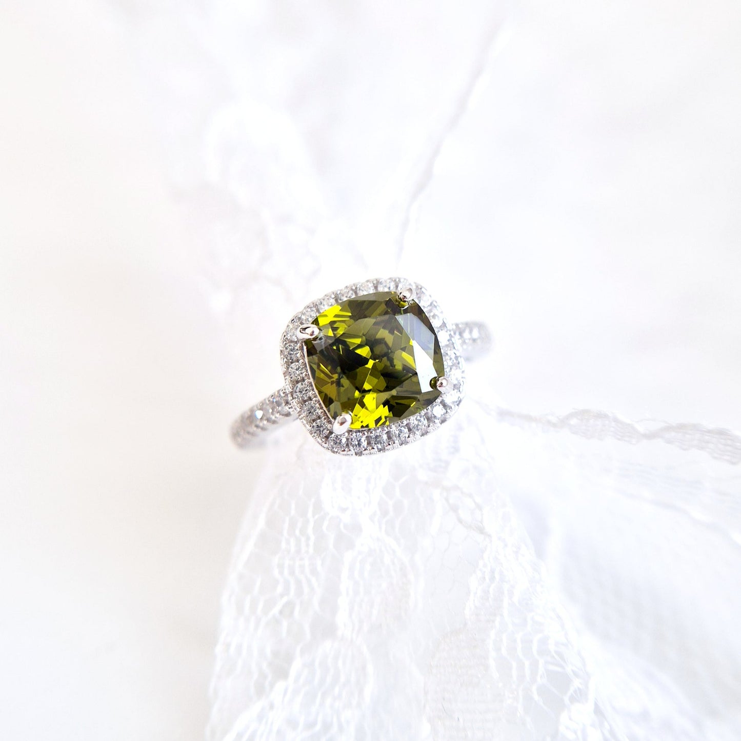 Peridot Ring, Silver Ring with green Gemstone and CZ halo