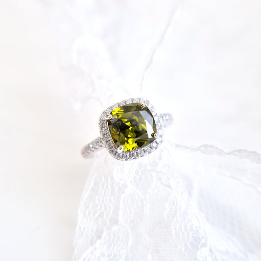Peridot Ring, Silver Ring with green Gemstone and CZ halo