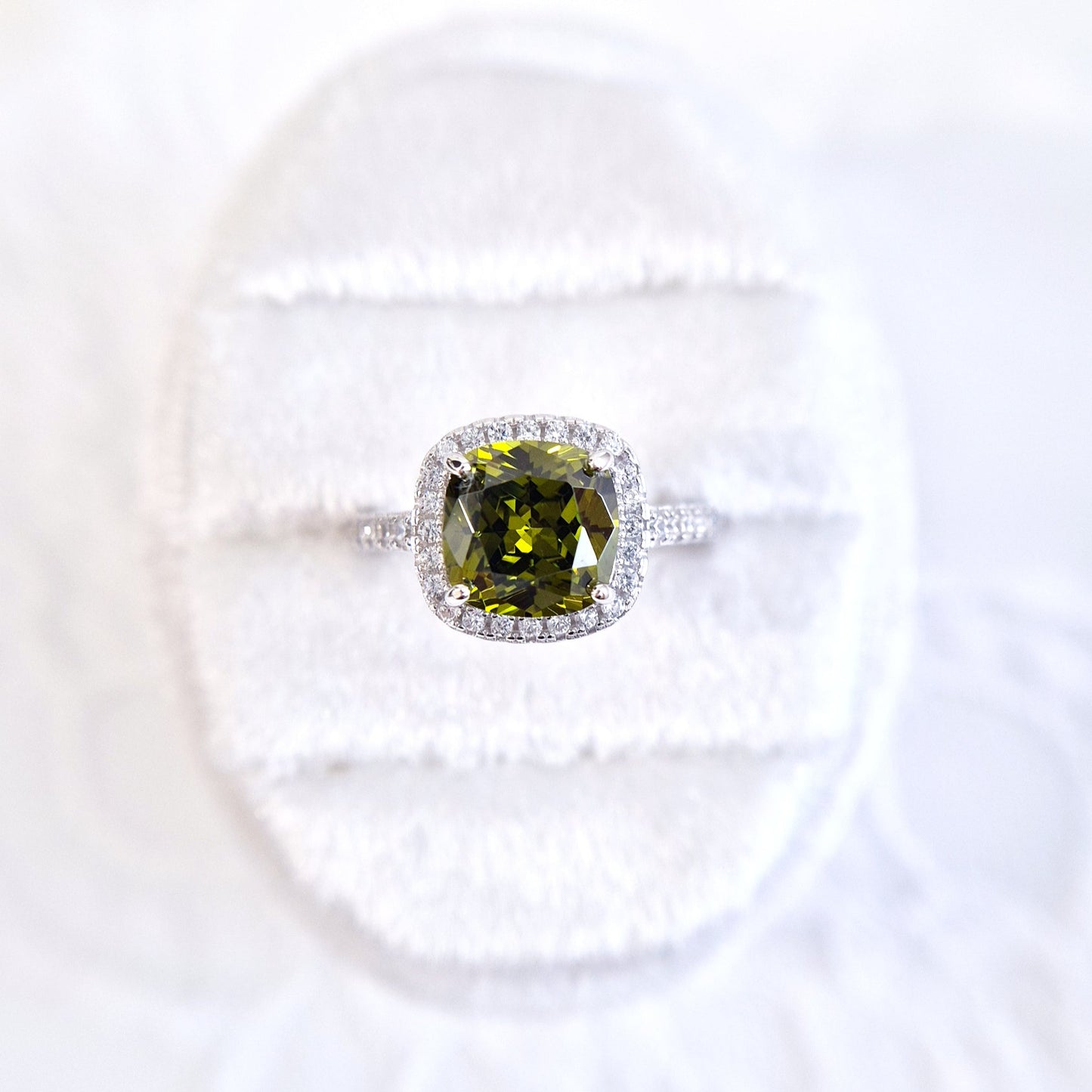 Peridot Ring, Silver Ring with green Gemstone and CZ halo