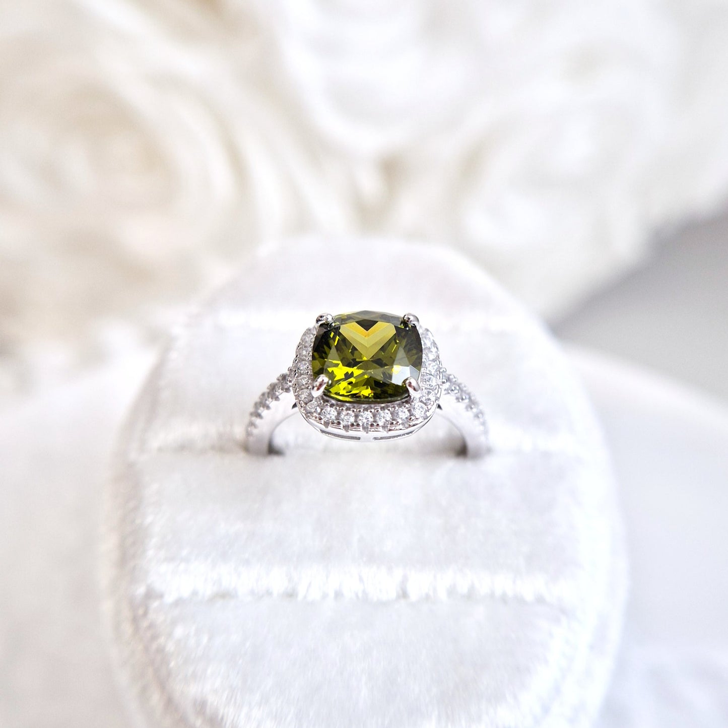 Peridot Ring, Silver Ring with green Gemstone and CZ halo