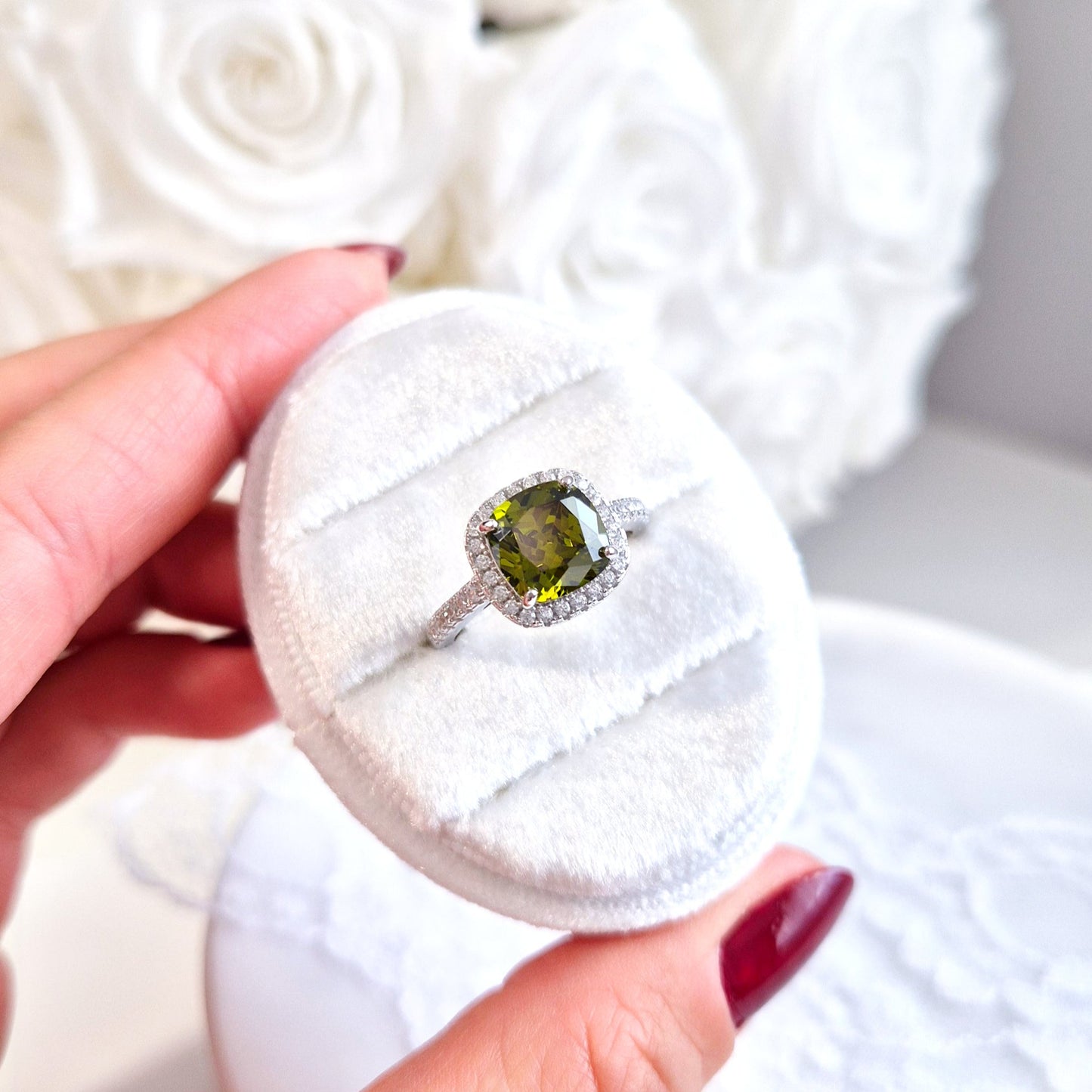 Peridot Ring, Silver Ring with green Gemstone and CZ halo