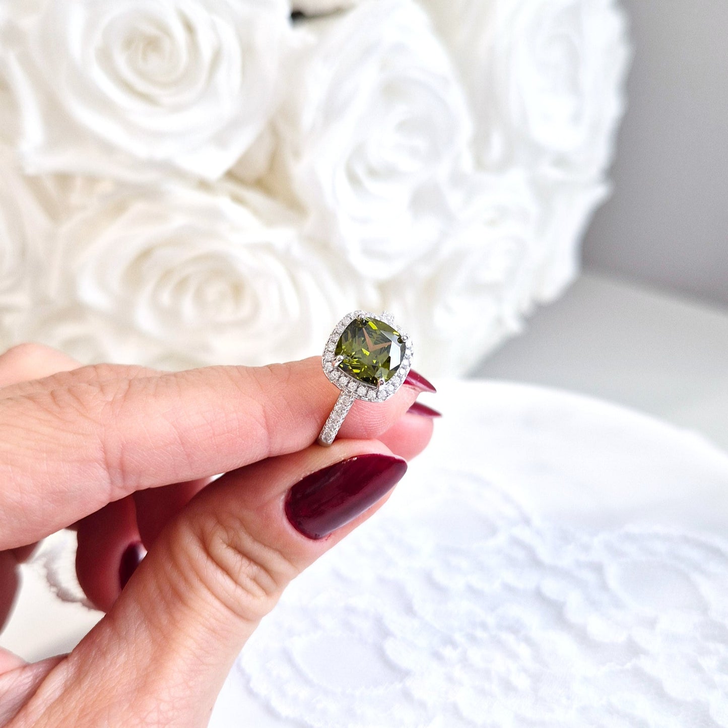 Peridot Ring, Silver Ring with green Gemstone and CZ halo