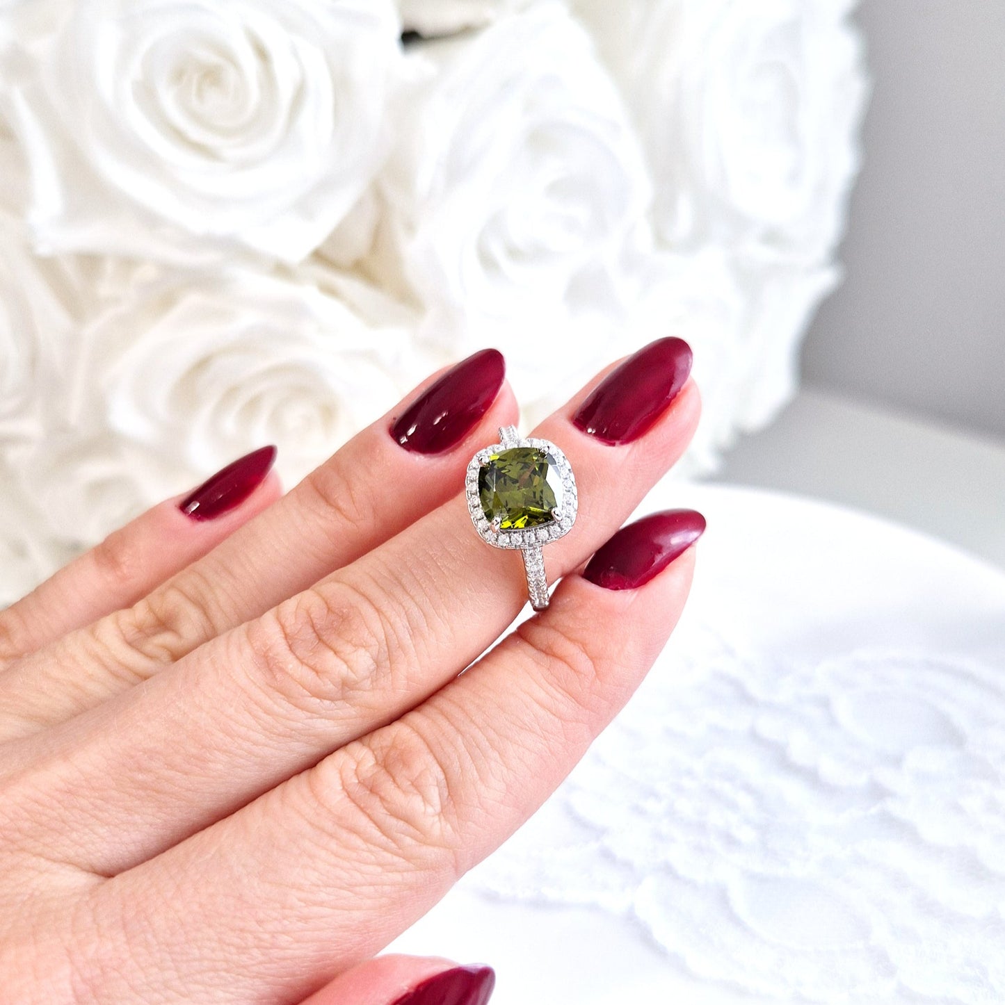 Peridot Ring, Silver Ring with green Gemstone and CZ halo