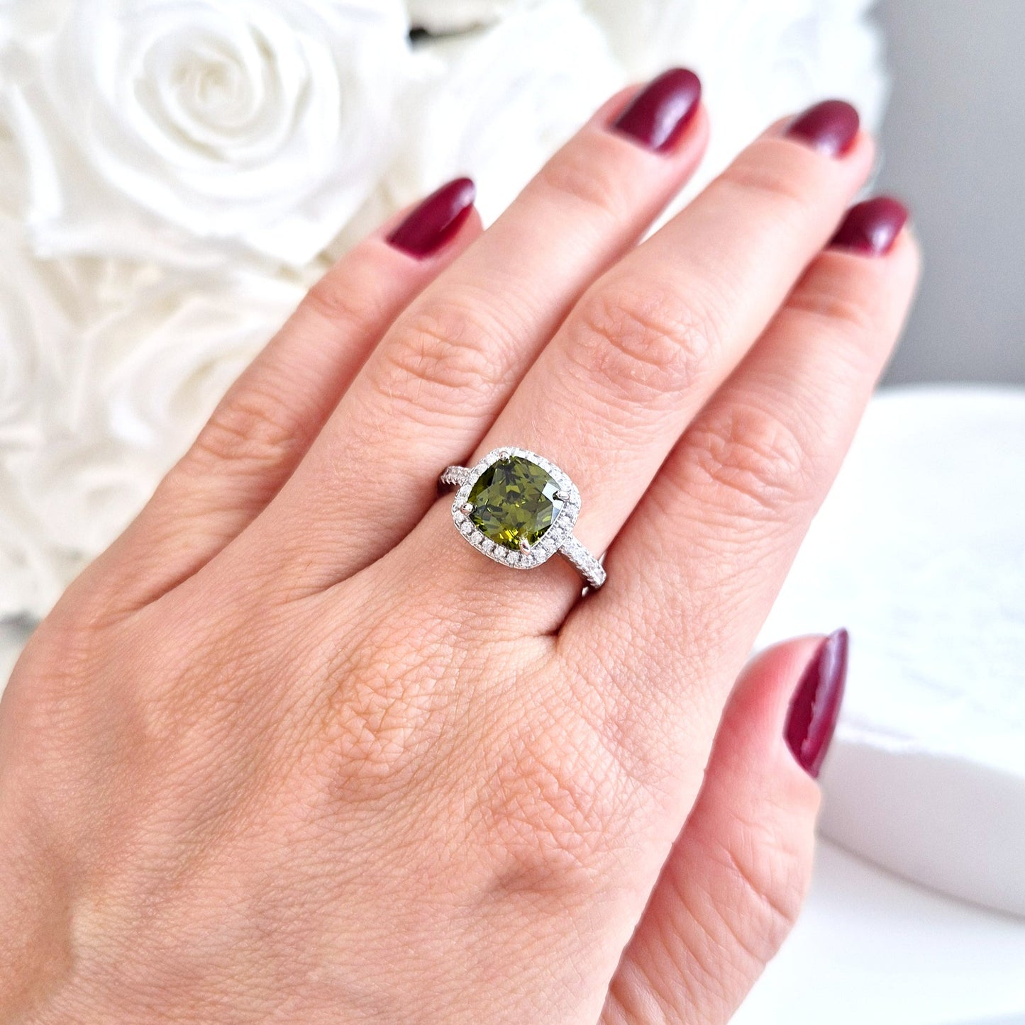 Peridot Ring, Silver Ring with green Gemstone and CZ halo