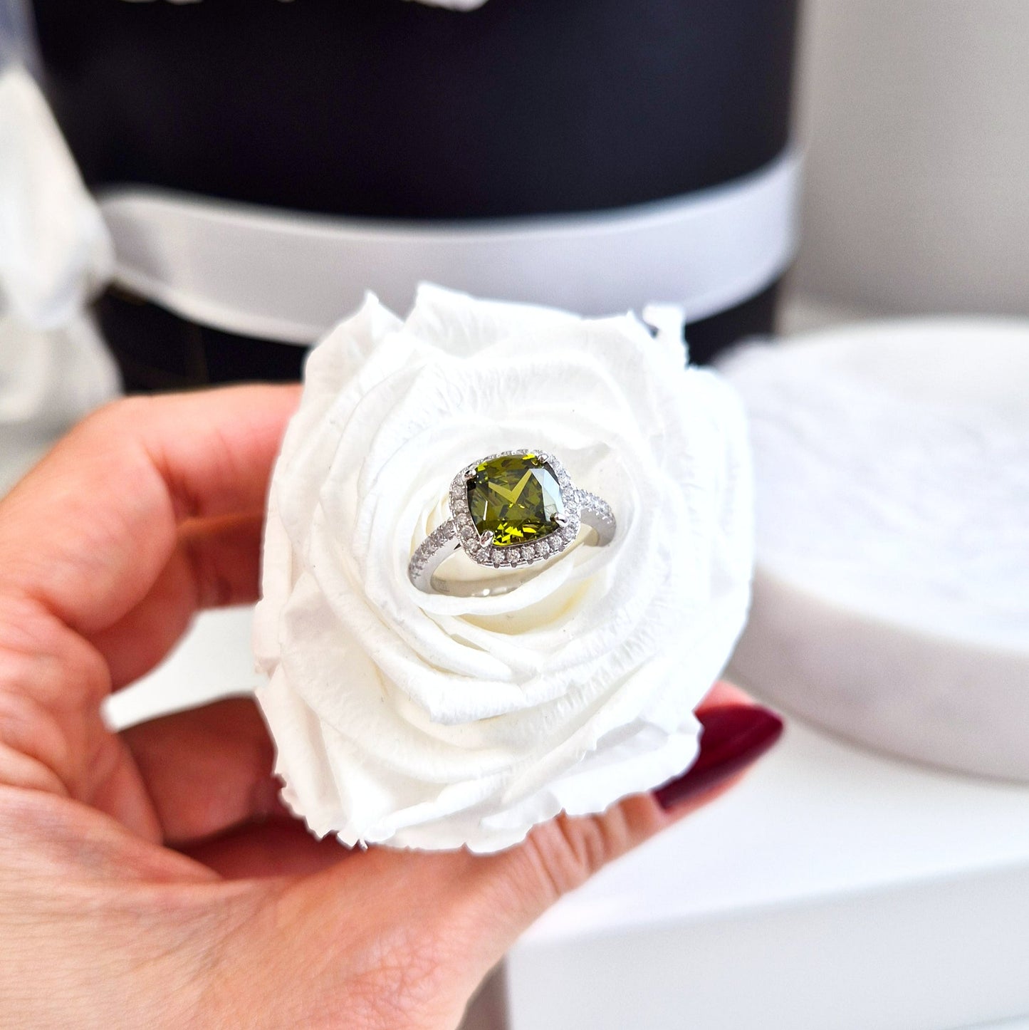 Peridot Ring, Silver Ring with green Gemstone and CZ halo