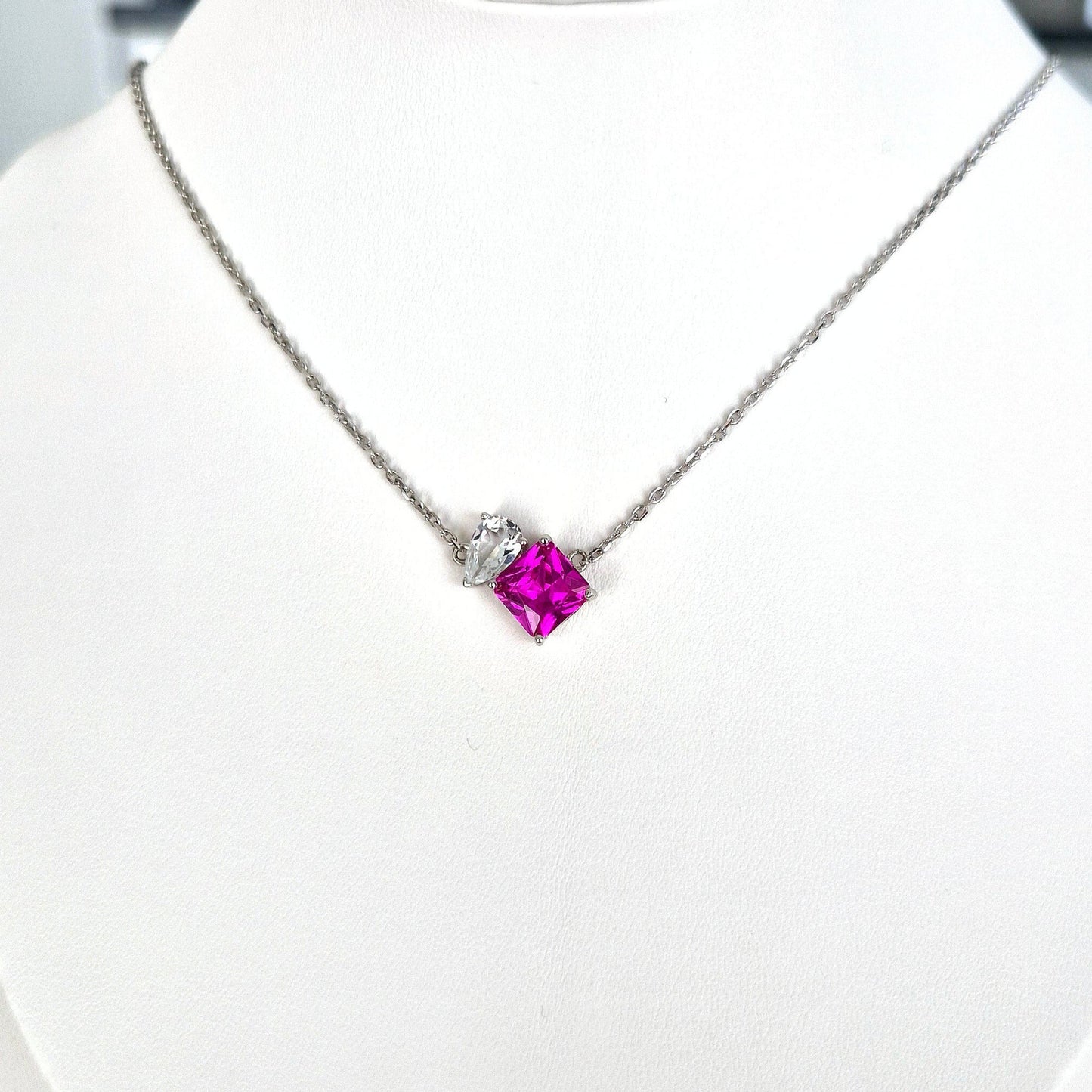 Edelstein Halskette, gemstone necklace, toi et moi necklace, toi et moi, Rosa Saphir Halskette, Silberkette, Silber Halskette, Damen Halskette, hot pink sapphire necklace, pink sapphire neckalce, sapphire necklace, Saphir Kette, Anhänderkette, pendant necklace, Rosegold Kette, rose-gold necklace, topas Halskette, topaz necklace, Silber Halskette mit Saphir Ahänger