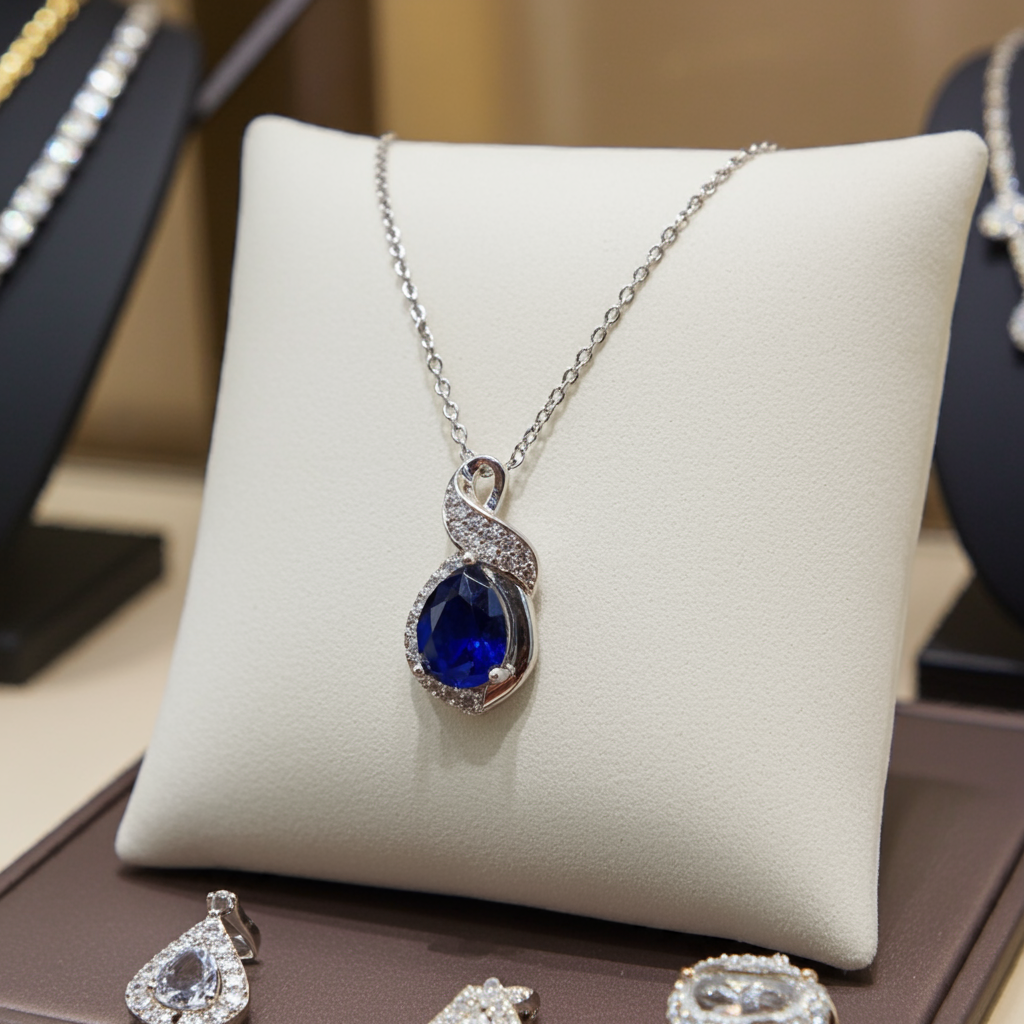Saphir Halskette, Silber Kette mit blauem Saphiranhänger, Sapphire necklace, silver pendant necklace with royal blue sapphire, collier, collana, Halskette, necklace