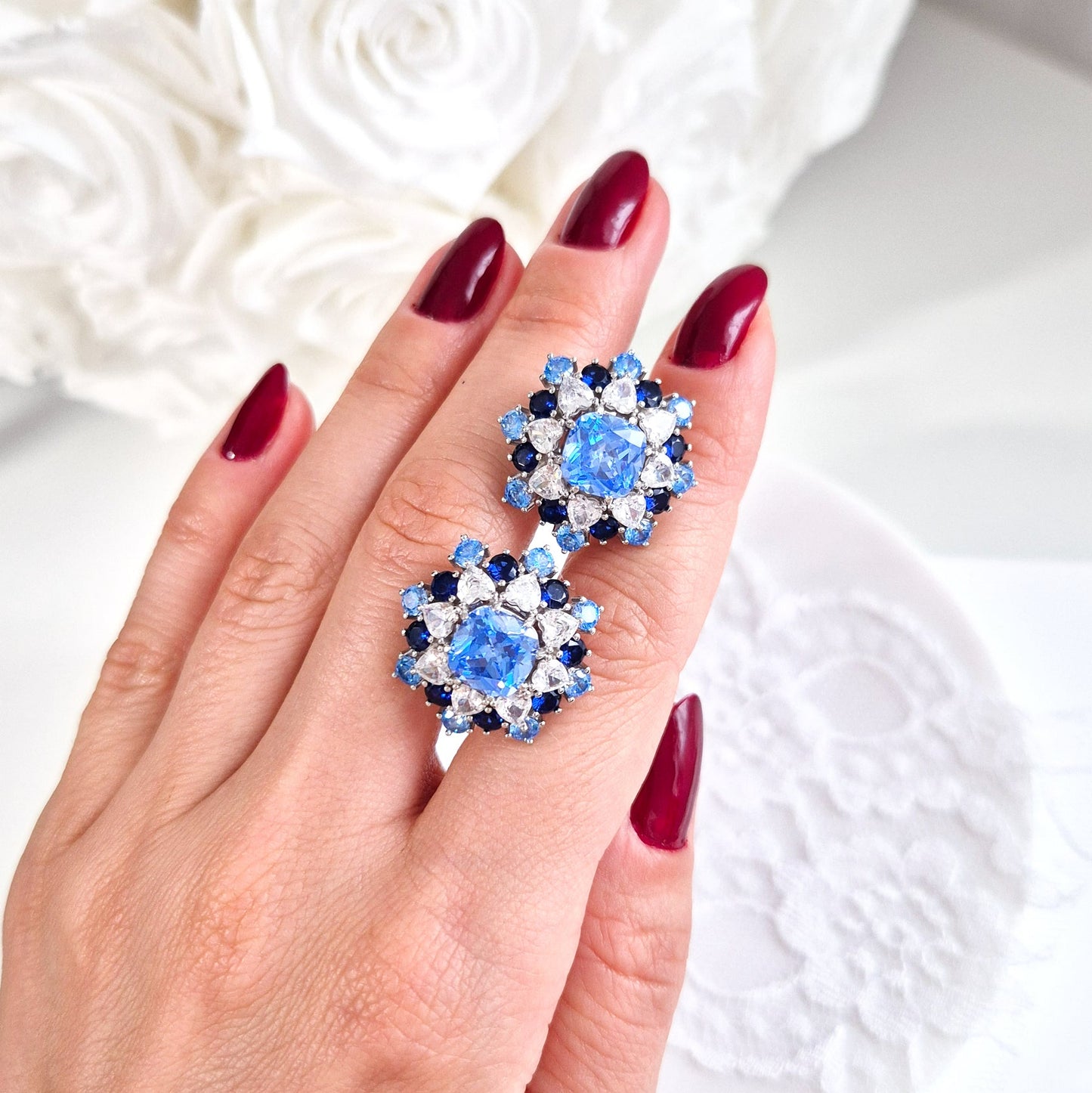 Silber Ohrringe, blaue Zirkonia Ohrringe, Weihnachtsohrringe, Schneeflocken Ohrringe, silver earrings cz blue, boucles doreilles, orecchini