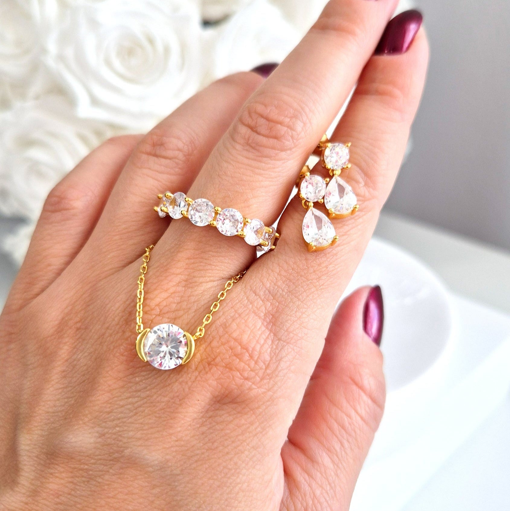 Zirkonia Schmuck Set vergoldet, Cubic Zirconia jewelry set, Ohrringe, Halskette, Ring, Schmuckset, jewellery