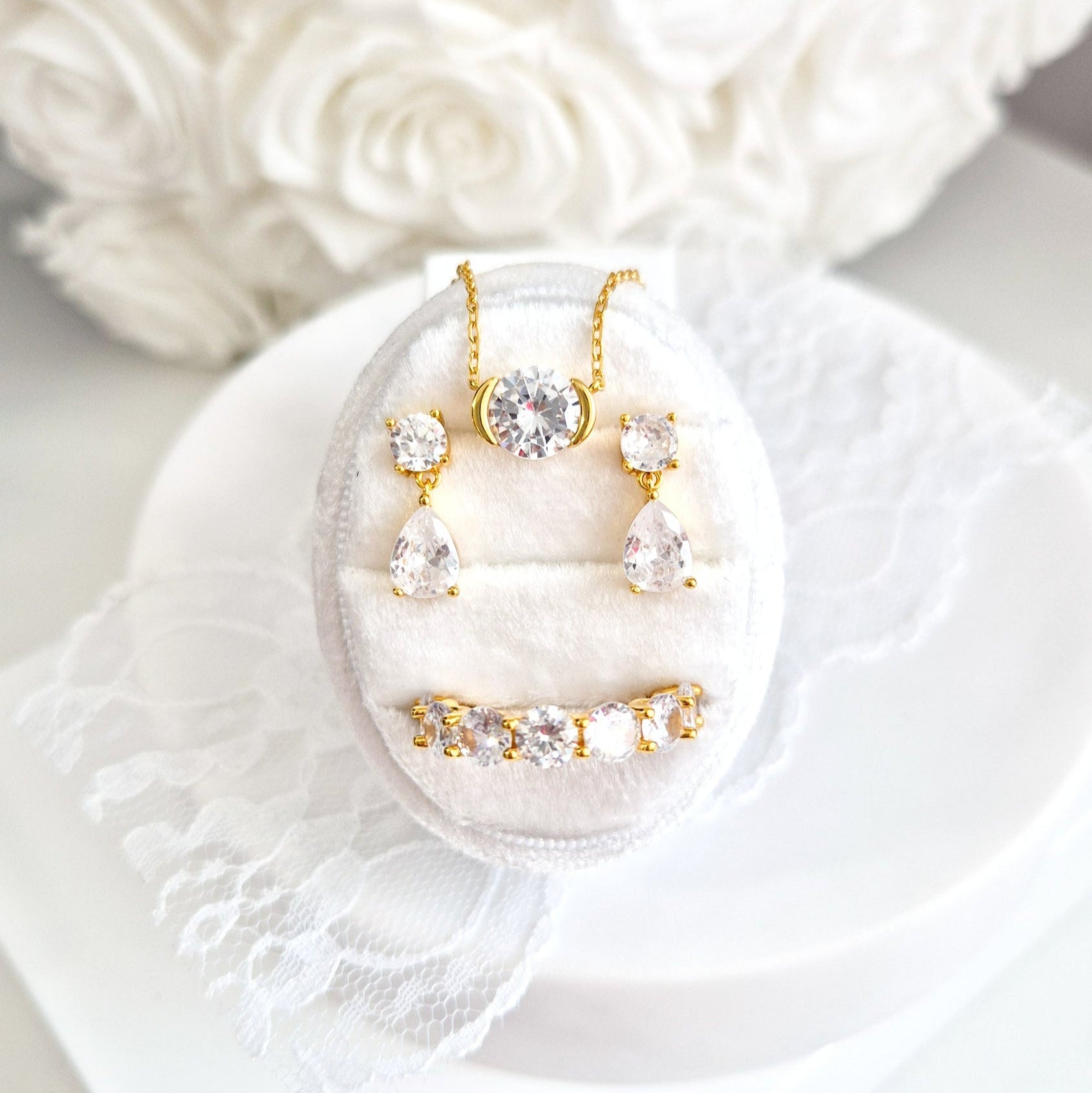 Zirkonia Schmuck Set vergoldet, Cubic Zirconia jewelry set, Ohrringe, Halskette, Ring, Schmuckset, jewellery