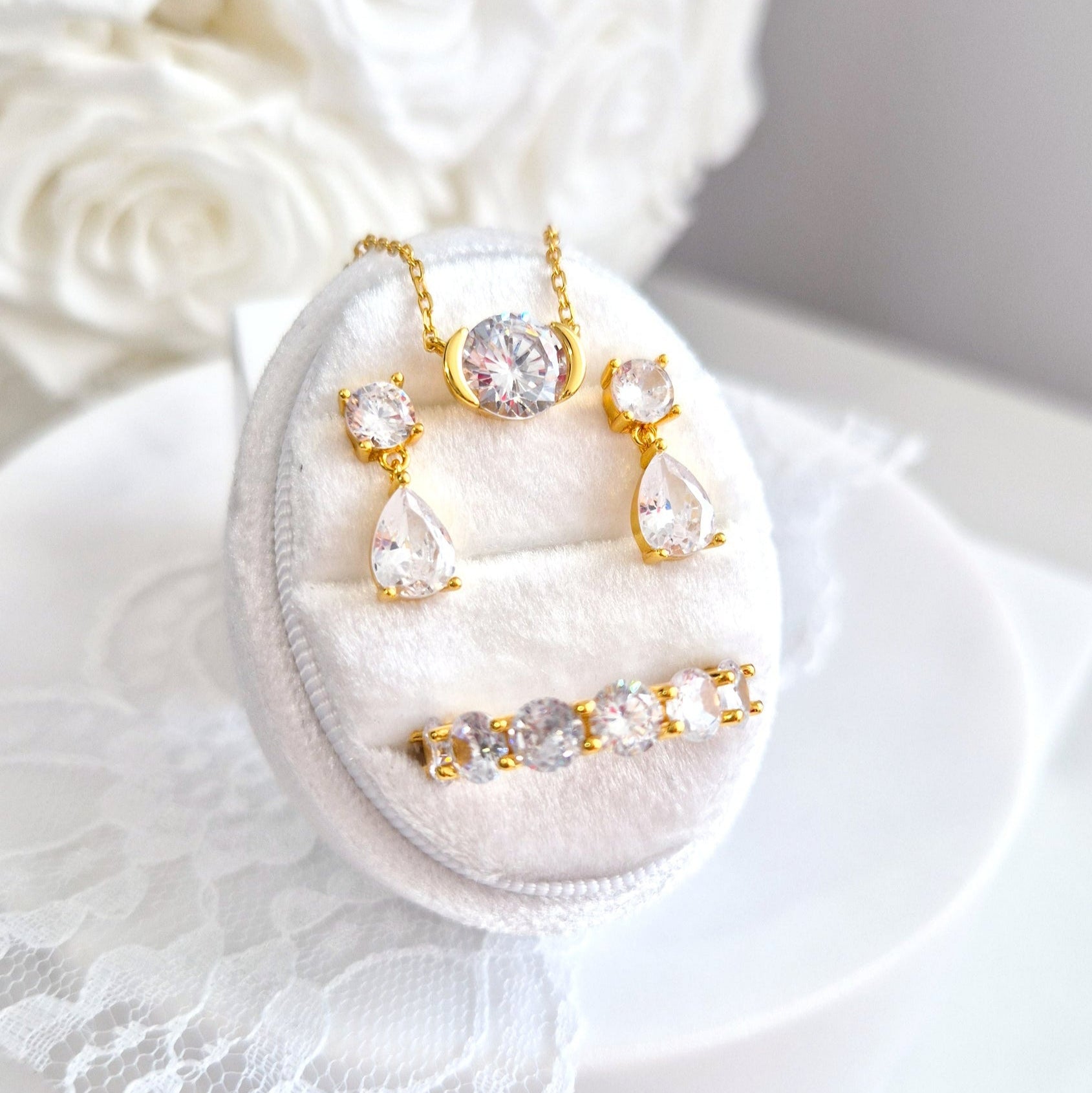 Zirkonia Schmuck Set vergoldet, Cubic Zirconia jewelry set, Ohrringe, Halskette, Ring, Schmuckset, jewellery