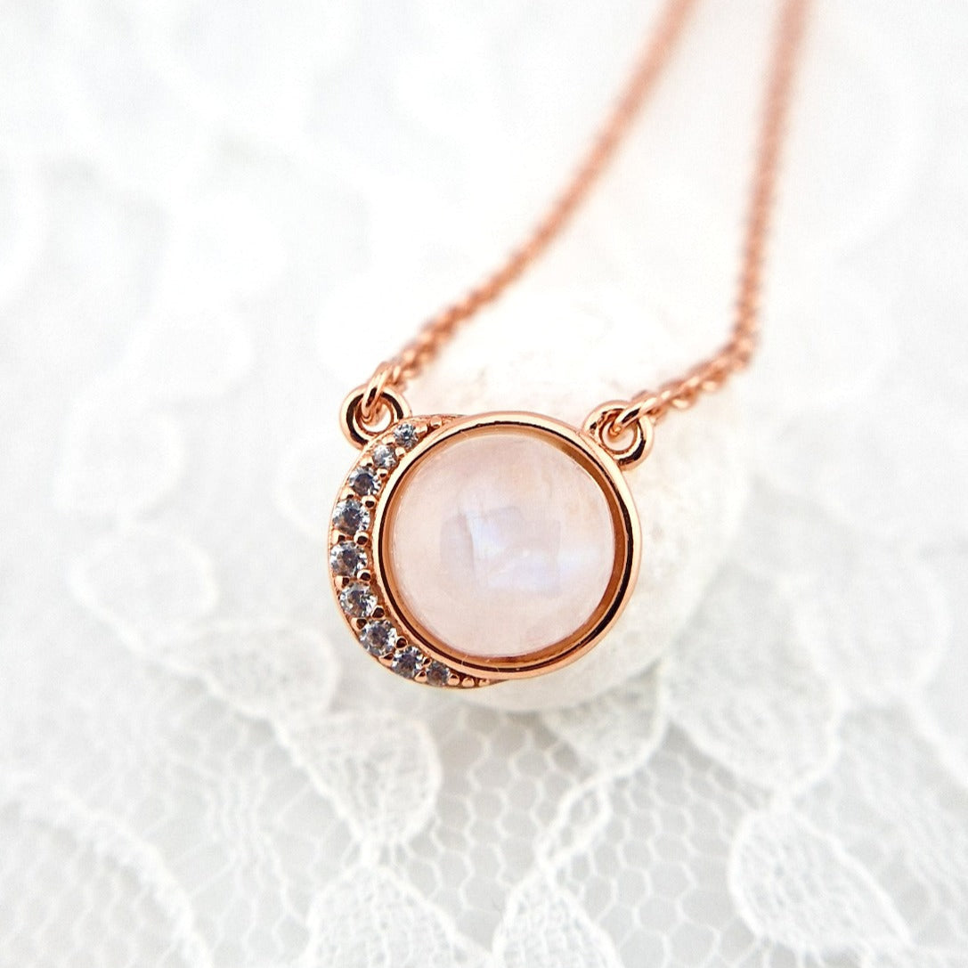 Mondstein Halskette Rosegold - Silber Kette mit Mondstein Edelstein Anhänger, Moonstone necklace rose gold, Rainbow moonstone pendant necklace rosegold