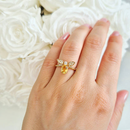 Bienen Ring, Bee Ring, Citrin Ring, Citrine Ring, silver ringgold-plated, silber Ring vergoldet, Schmuck, Ring, Fingerring, Damenring, jewelry, jewellery, ring, bague, anello, goldener Ring, tier Ring, insekt schmuck, Bienen Schmuck, bee jewelry, schmuck für sie, gift for her, birthday gift, jewelry present, pave setting, adjustable ring, verstellbar