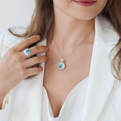 Halskette Zirkonia Eis Blau, ANhänger Kette, Damenhalskette, Halskette silber, necklace cz blue, zirconia necklace, collier, blue necklace, blue zirconia, collana