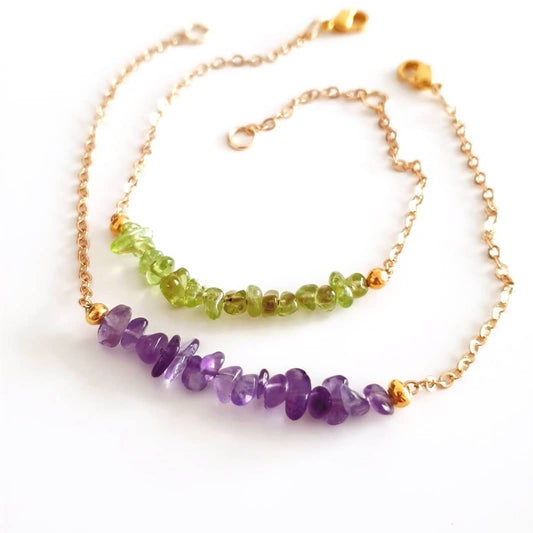 Amethyst Armband, Peridot Armband, Amethyst Bracelet, Peridot Bracelet, Peridot und Amethyst Edelstein Armkette gold mit 4 cm langer Steinchenreihe aus lila Amethyst Edelstein eleganter Stil