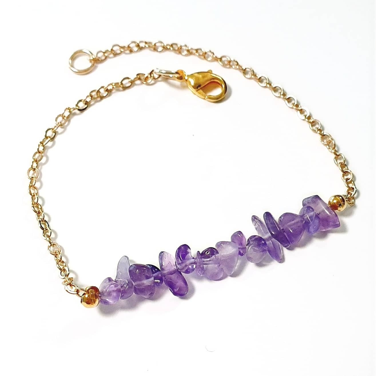 Amethyst Armband, Peridot Armband, Amethyst Bracelet, Peridot Bracelet, Peridot und Amethyst Edelstein Armkette gold mit 4 cm langer Steinchenreihe aus lila Amethyst Edelstein eleganter Stil