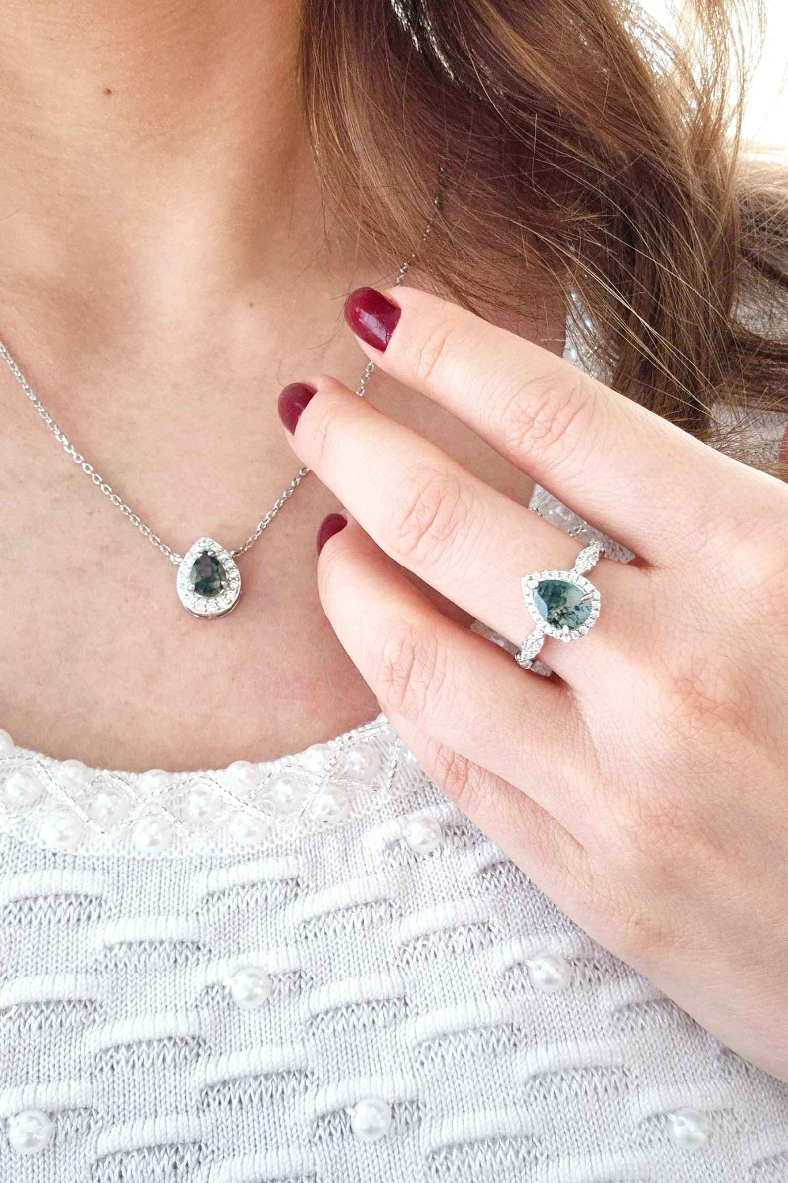 Moosachat Schmuckset, Moss Agate Jewelry Set, Silber Schmuckset, silver jewelry set, Moosachat Ring, Moosachat Halskette, Moosachat Kette, Moosachat Ohrringe, Moosachat Ohrstecker, moss agate ring, moss agate necklace, moss agate pendant necklace, moss agate earrings, moss agate studs, halo jewelry, halo ring, alo earrings, halo penadant, Silber Ohrringe, Silber Ohrstecker, Silber Ring, Silber Halskette, silver ring, silver earrings, silver necklace