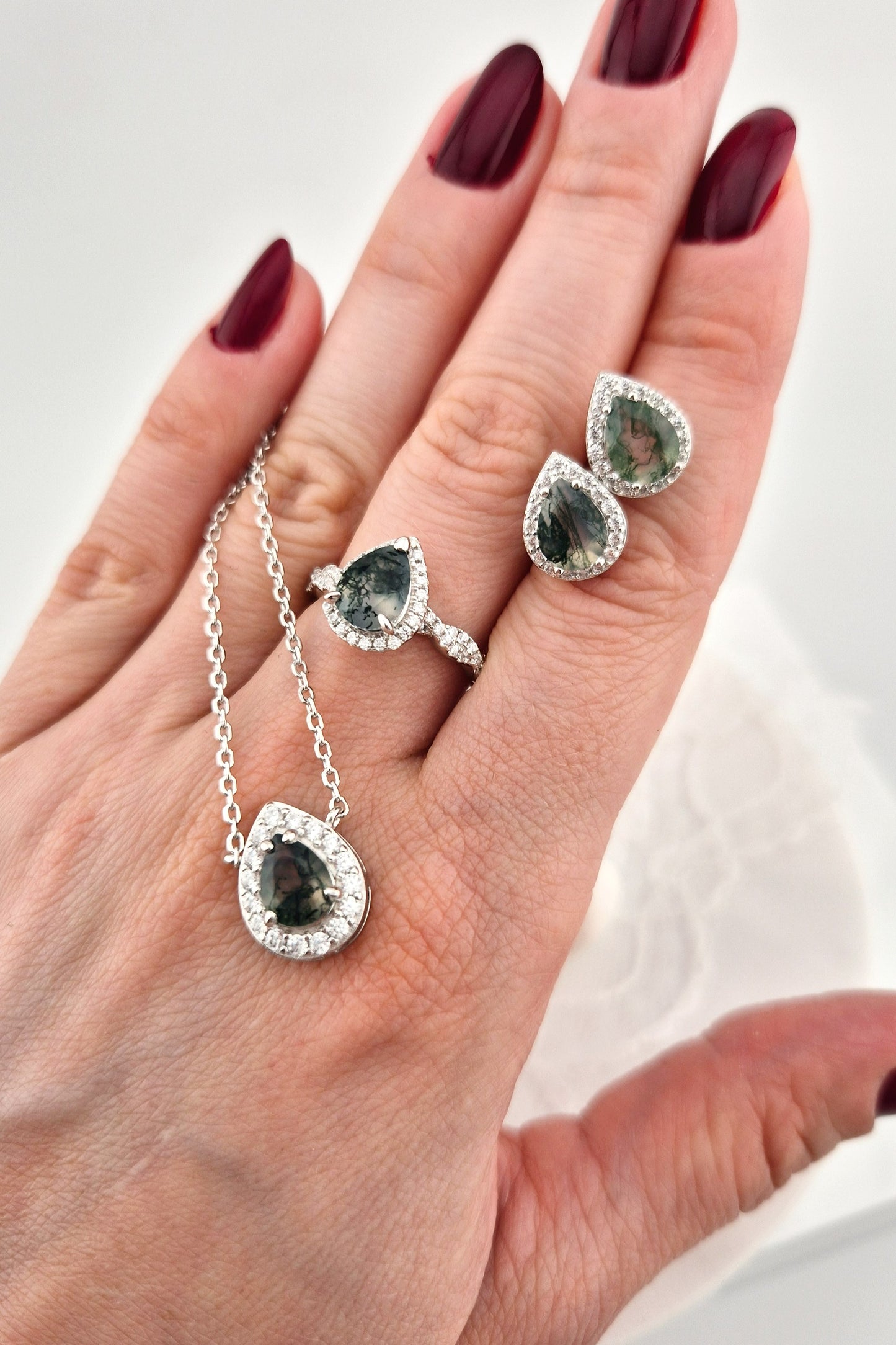 Moosachat Schmuckset, Moss Agate Jewelry Set, Silber Schmuckset, silver jewelry set, Moosachat Ring, Moosachat Halskette, Moosachat Kette, Moosachat Ohrringe, Moosachat Ohrstecker, moss agate ring, moss agate necklace, moss agate pendant necklace, moss agate earrings, moss agate studs, halo jewelry, halo ring, alo earrings, halo penadant, Silber Ohrringe, Silber Ohrstecker, Silber Ring, Silber Halskette, silver ring, silver earrings, silver necklace