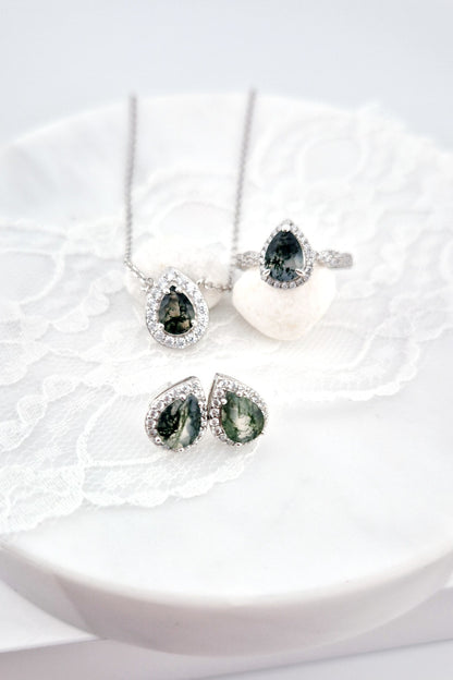 Moosachat Schmuckset, Moss Agate Jewelry Set, Silber Schmuckset, silver jewelry set, Moosachat Ring, Moosachat Halskette, Moosachat Kette, Moosachat Ohrringe, Moosachat Ohrstecker, moss agate ring, moss agate necklace, moss agate pendant necklace, moss agate earrings, moss agate studs, halo jewelry, halo ring, alo earrings, halo penadant, Silber Ohrringe, Silber Ohrstecker, Silber Ring, Silber Halskette, silver ring, silver earrings, silver necklace