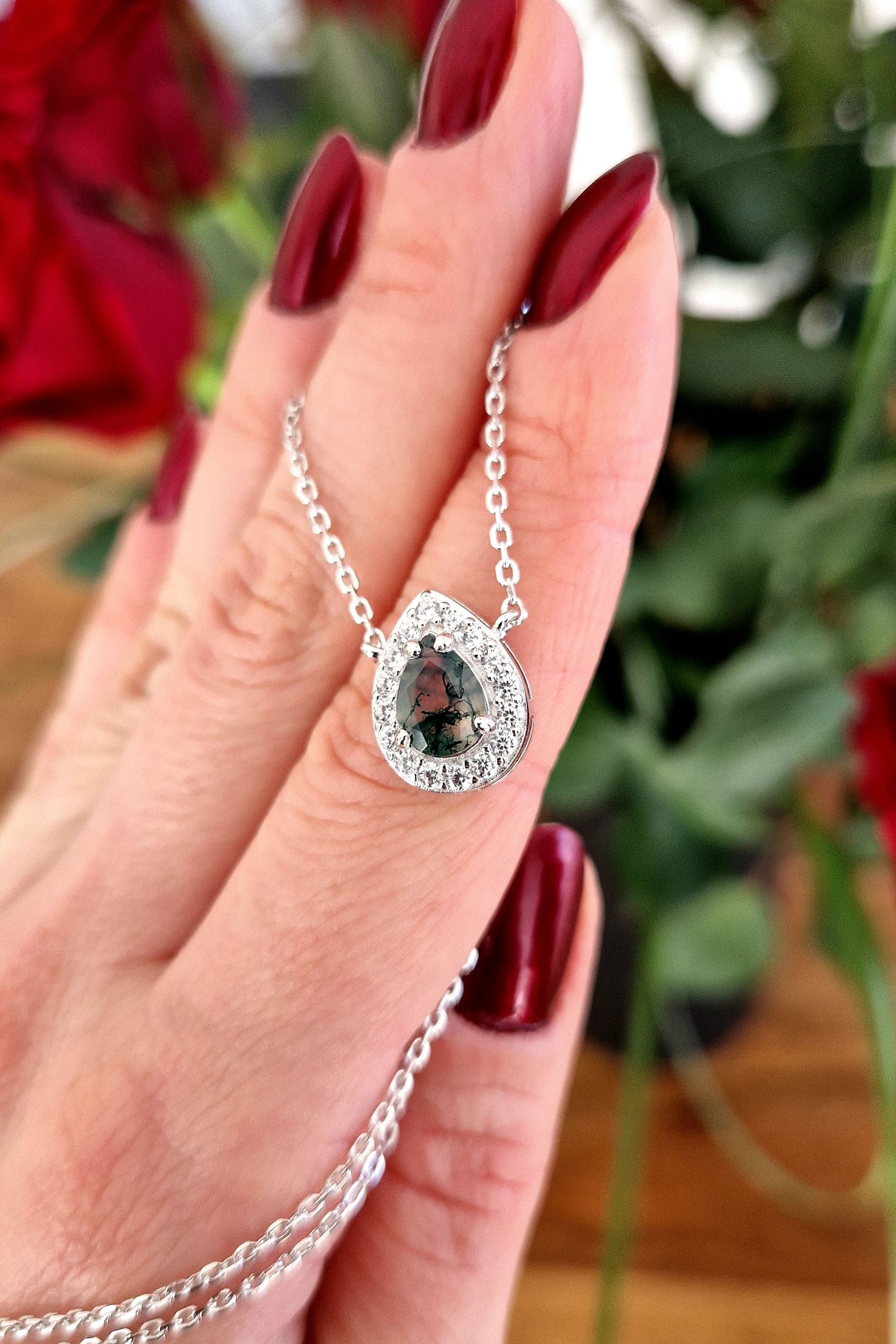 Moosachat Kette, Moosachat Halskette, Moss agate necklace, Silber Kette mit grünem Achat Anhänger, Achat pendant, green pendant necklace, green necklace, silver necklace, Silber Kette mit grünem Anhänger