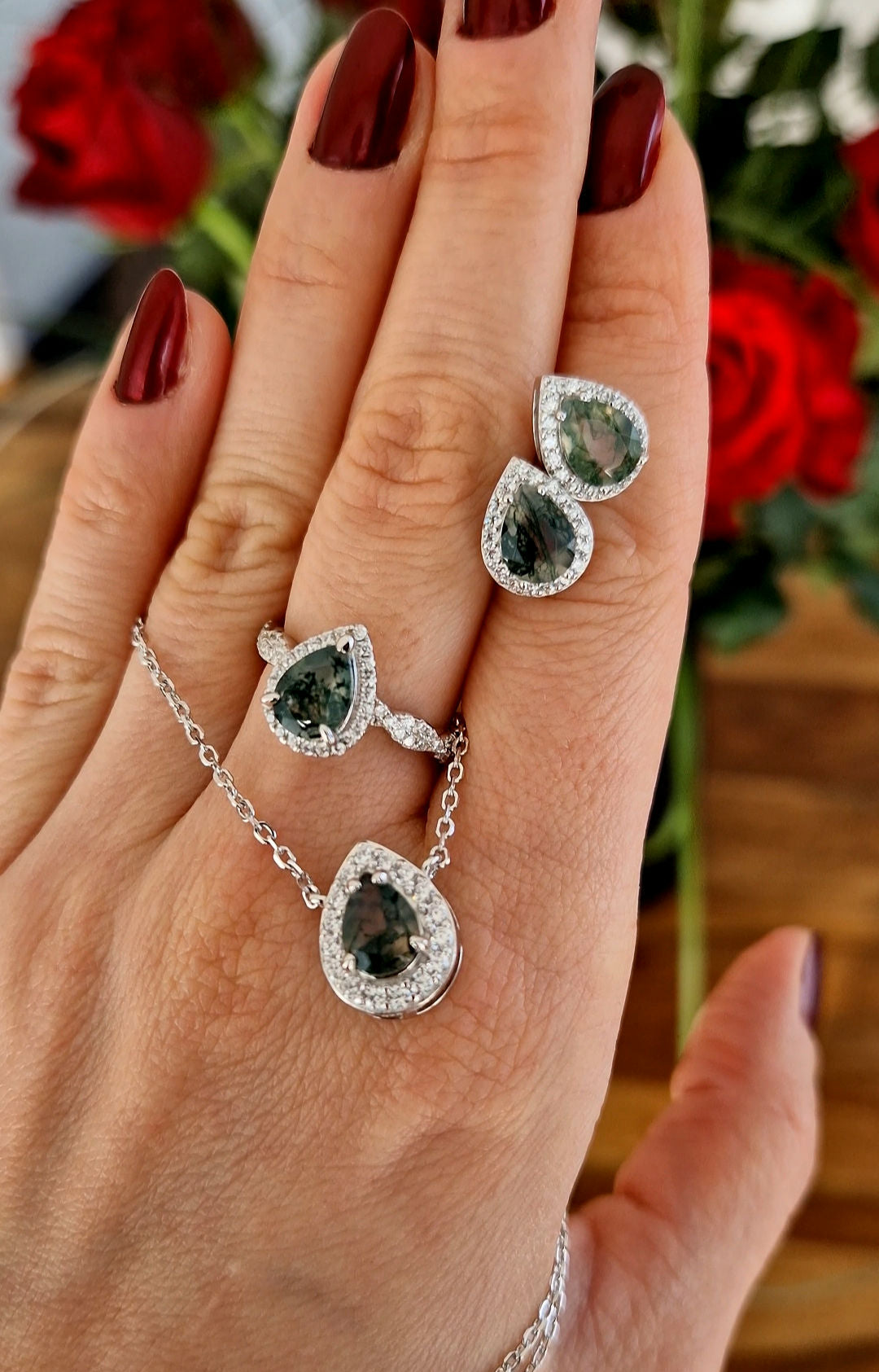 Moosachat Schmuckset, Moss Agate Jewelry Set, Silber Schmuckset, silver jewelry set, Moosachat Ring, Moosachat Halskette, Moosachat Kette, Moosachat Ohrringe, Moosachat Ohrstecker, moss agate ring, moss agate necklace, moss agate pendant necklace, moss agate earrings, moss agate studs, halo jewelry, halo ring, alo earrings, halo penadant, Silber Ohrringe, Silber Ohrstecker, Silber Ring, Silber Halskette, silver ring, silver earrings, silver necklace