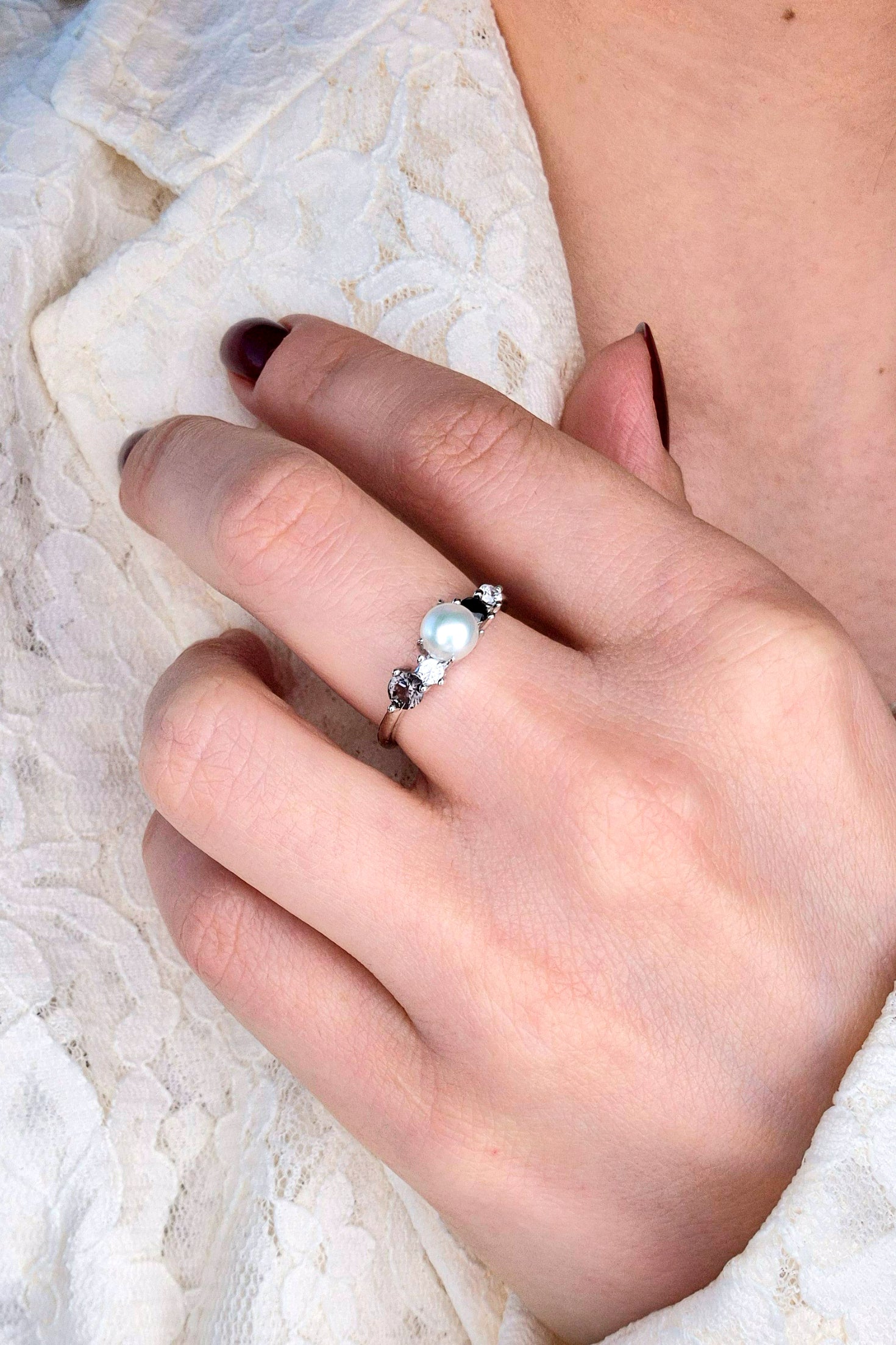Perlen Ring, Perlenring, Pearl Ring, SIlber RIng, Silberring, Damenring, Pearl Ring - Perlen Ring mit schwarzem Spinell und grauem Nano Stein, Silber Ring Süsswasser Perlen Ring, fresh water pearl