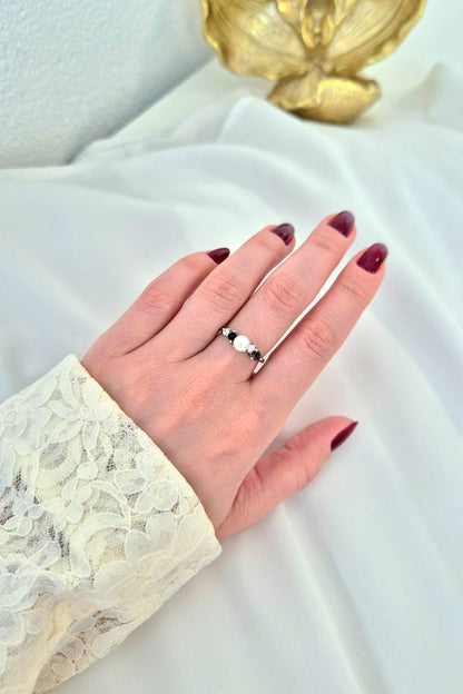 Perlen Ring, Perlenring, Pearl Ring, SIlber RIng, Silberring, Damenring, Pearl Ring - Perlen Ring mit schwarzem Spinell und grauem Nano Stein, Silber Ring Süsswasser Perlen Ring, fresh water pearl
