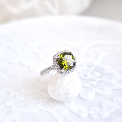 Peridot Ring, Silver Ring with green Gemstone and CZ halo
