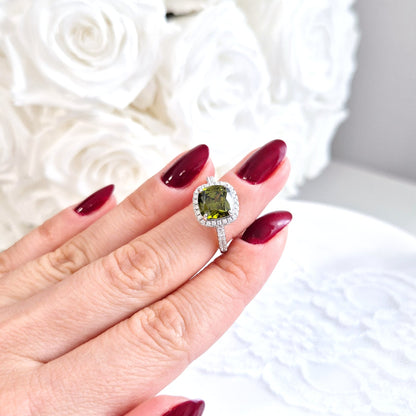 Peridot Ring, Silver Ring with green Gemstone and CZ halo