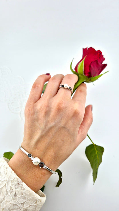 Perlen Ring, Perlenring, Pearl Ring, SIlber RIng, Silberring, Damenring, Pearl Ring - Perlen Ring mit schwarzem Spinell und grauem Nano Stein, Silber Ring Süsswasser Perlen Ring, fresh water pearl, Perlen Armreif, Silber Armreif