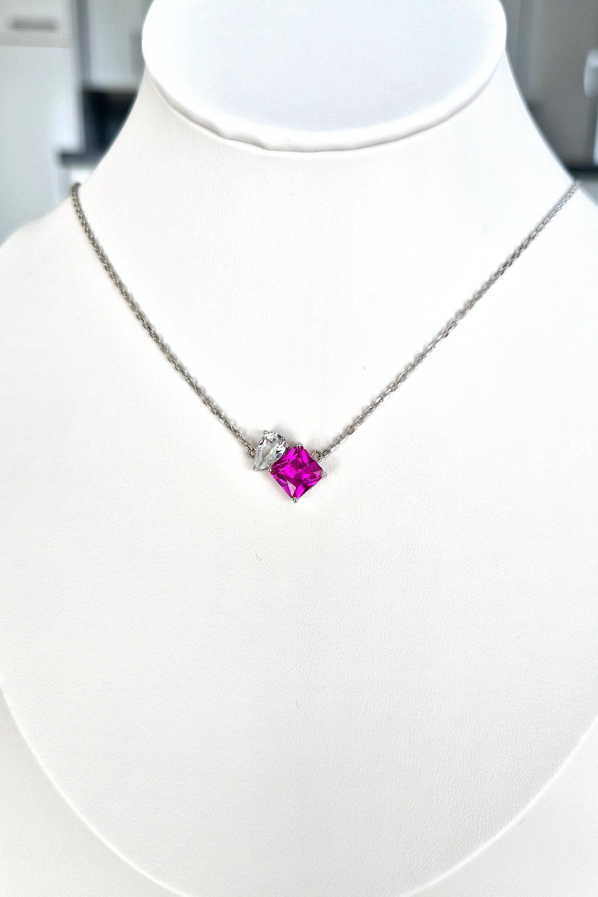 Edelstein Halskette, gemstone necklace, toi et moi necklace, toi et moi, Rosa Saphir Halskette, Silberkette, Silber Halskette, Damen Halskette, hot pink sapphire necklace, pink sapphire neckalce, sapphire necklace, Saphir Kette, Anhänderkette, pendant necklace, Rosegold Kette, rose-gold necklace, topas Halskette, topaz necklace, Silber Halskette mit Saphir Ahänger