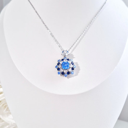 Silber Halskette Zirkonia blau, Anhänger Kette mit blauen CZ Diamant Imitaten, Silver necklace blue zircon, Zirkonia Halskette, Blaue Anhänger Halskette, collier, collana, collier bleue cz