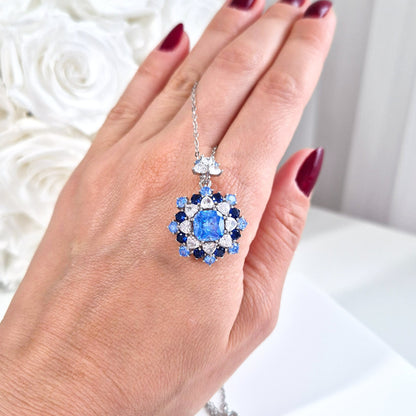 Silber Halskette Zirkonia blau, Anhänger Kette mit blauen CZ Diamant Imitaten, Silver necklace blue zircon, Zirkonia Halskette, Blaue Anhänger Halskette, collier, collana, collier bleue cz
