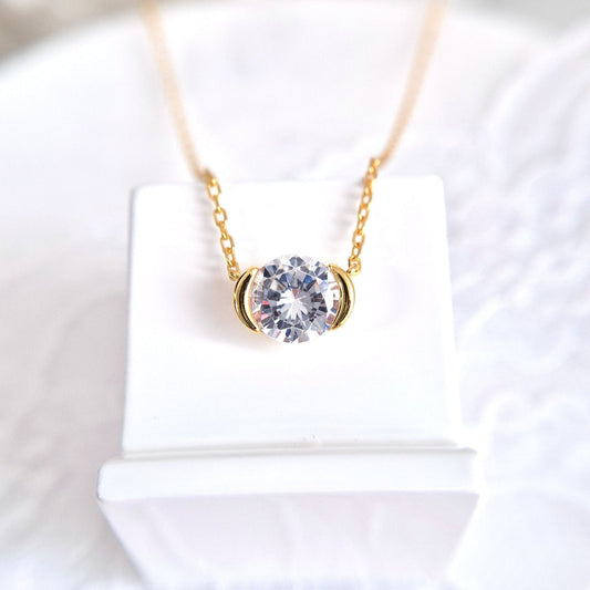 Solitär Halskette Gold mit CZ-Anhänger in Bezelfassung – 925 Silber, 18K vergoldet, eleganter Damenschmuck, Solitair necklace gold, collier