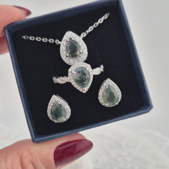 Moosachat Schmuckset, Moss Agate Jewelry Set, Silber Schmuckset, silver jewelry set, Moosachat Ring, Moosachat Halskette, Moosachat Kette, Moosachat Ohrringe, Moosachat Ohrstecker, moss agate ring, moss agate necklace, moss agate pendant necklace, moss agate earrings, moss agate studs, halo jewelry, halo ring, alo earrings, halo penadant, Silber Ohrringe, Silber Ohrstecker, Silber Ring, Silber Halskette, silver ring, silver earrings, silver necklace