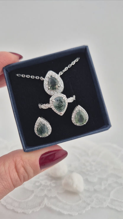 Moosachat Schmuckset, Moss Agate Jewelry Set, Silber Schmuckset, silver jewelry set, Moosachat Ring, Moosachat Halskette, Moosachat Kette, Moosachat Ohrringe, Moosachat Ohrstecker, moss agate ring, moss agate necklace, moss agate pendant necklace, moss agate earrings, moss agate studs, halo jewelry, halo ring, alo earrings, halo penadant, Silber Ohrringe, Silber Ohrstecker, Silber Ring, Silber Halskette, silver ring, silver earrings, silver necklace