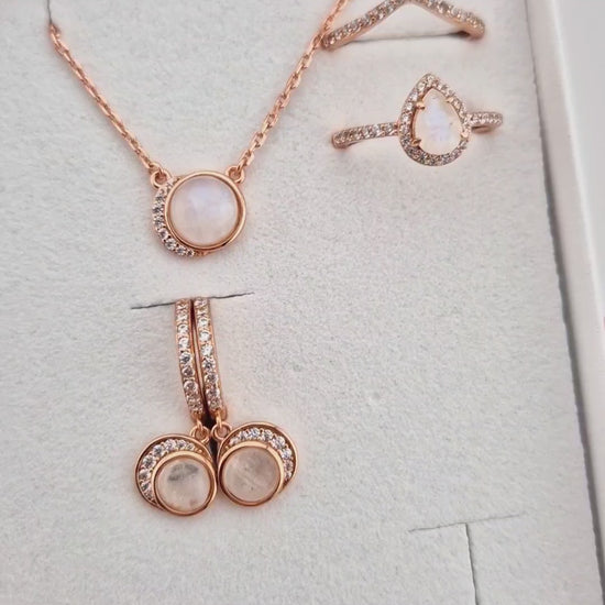 Mondstein Schmuckset, Moonstone jewelry set, Mondstein Halskette Rosegold - Silber Kette mit Mondstein Edelstein Anhänger, Moonstone necklace rose gold, Rainbow moonstone pendant necklace rosegold